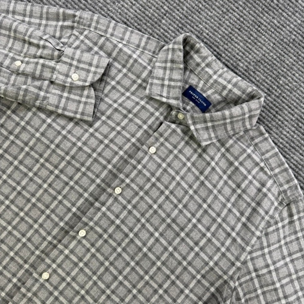 Proper Cloth‎ Mens 16.5 Grey White Plaid Flannel Button Down Long Sleeve Shirt